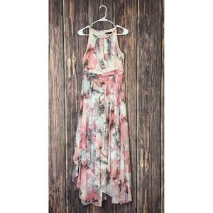 R&M Richards Maxi Dress Womens 8 Pink Floral Chiffon Sparkle Gown halter neck,